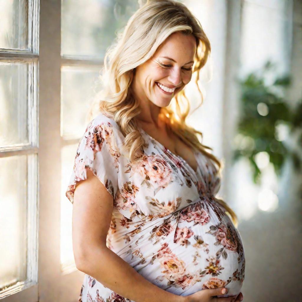 Портрет беременной женщины с сияющей улыбкой, которая нежно держит руки на своем большом животе