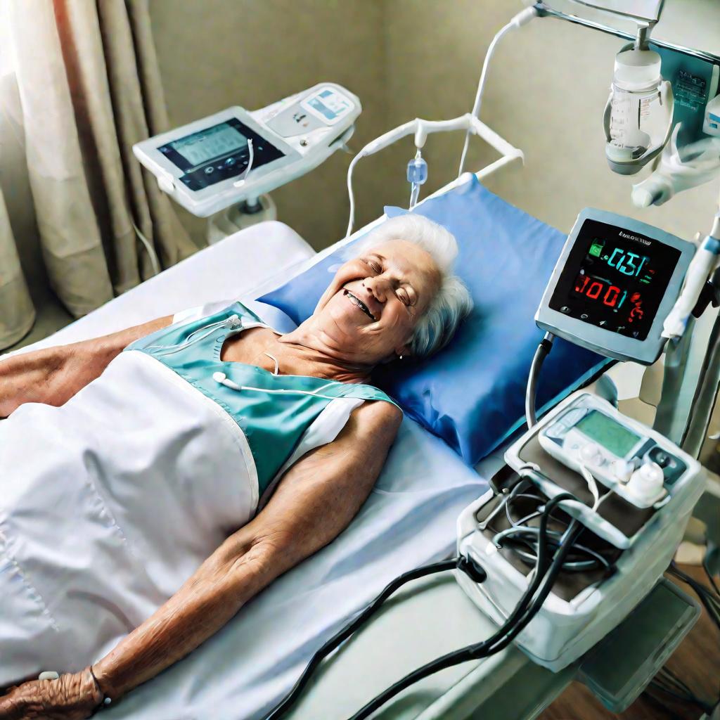 Медсестра измеряет артериальное давление пожилой пациентке в больнице