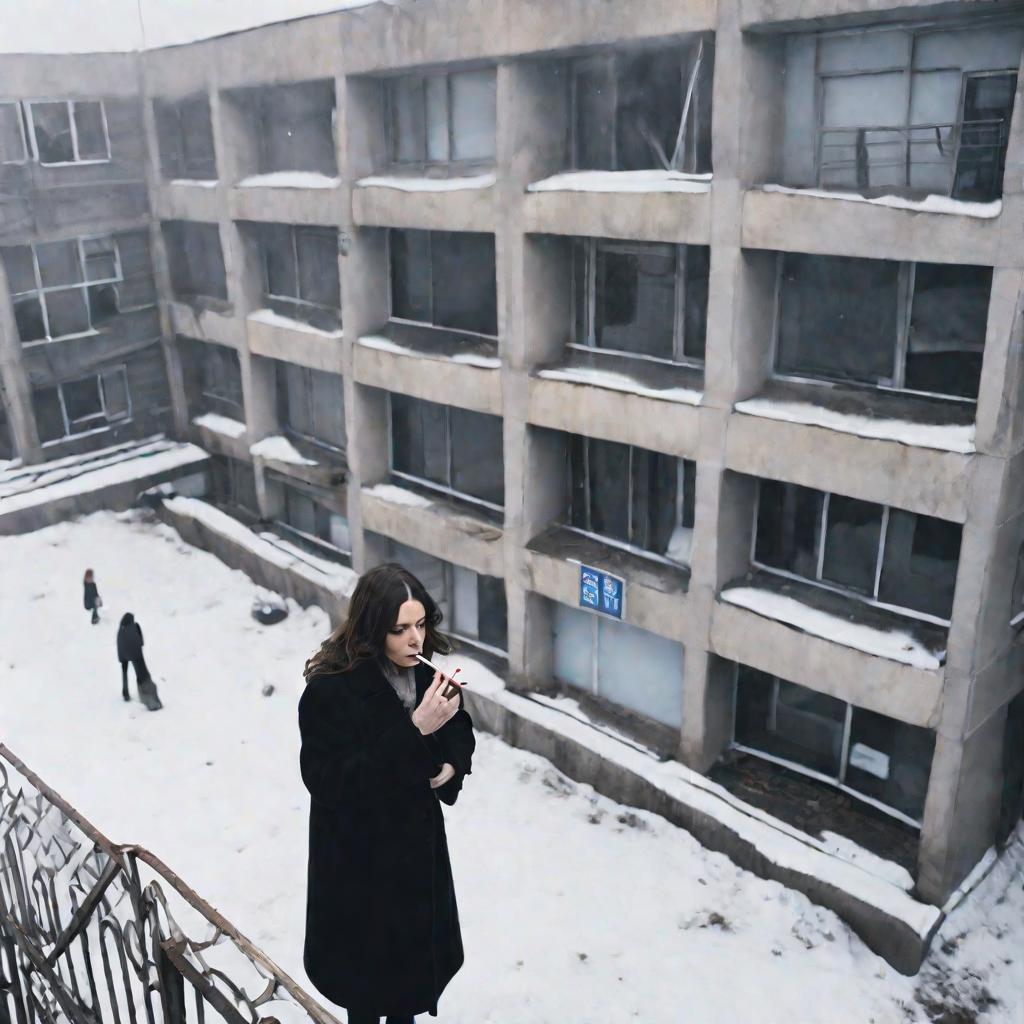 Портрет раздраженной женщины, курящей у здания с табличкой «Не курить»