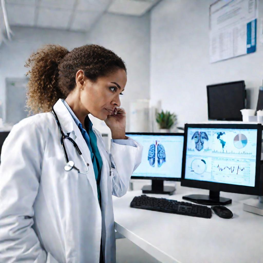 Средний план женщины-врача в белом халате, смотрящей на экран компьютера в светлом современном кабинете клиники, на заднем плане видны медицинские карты, стетоскоп и кушетка для осмотра