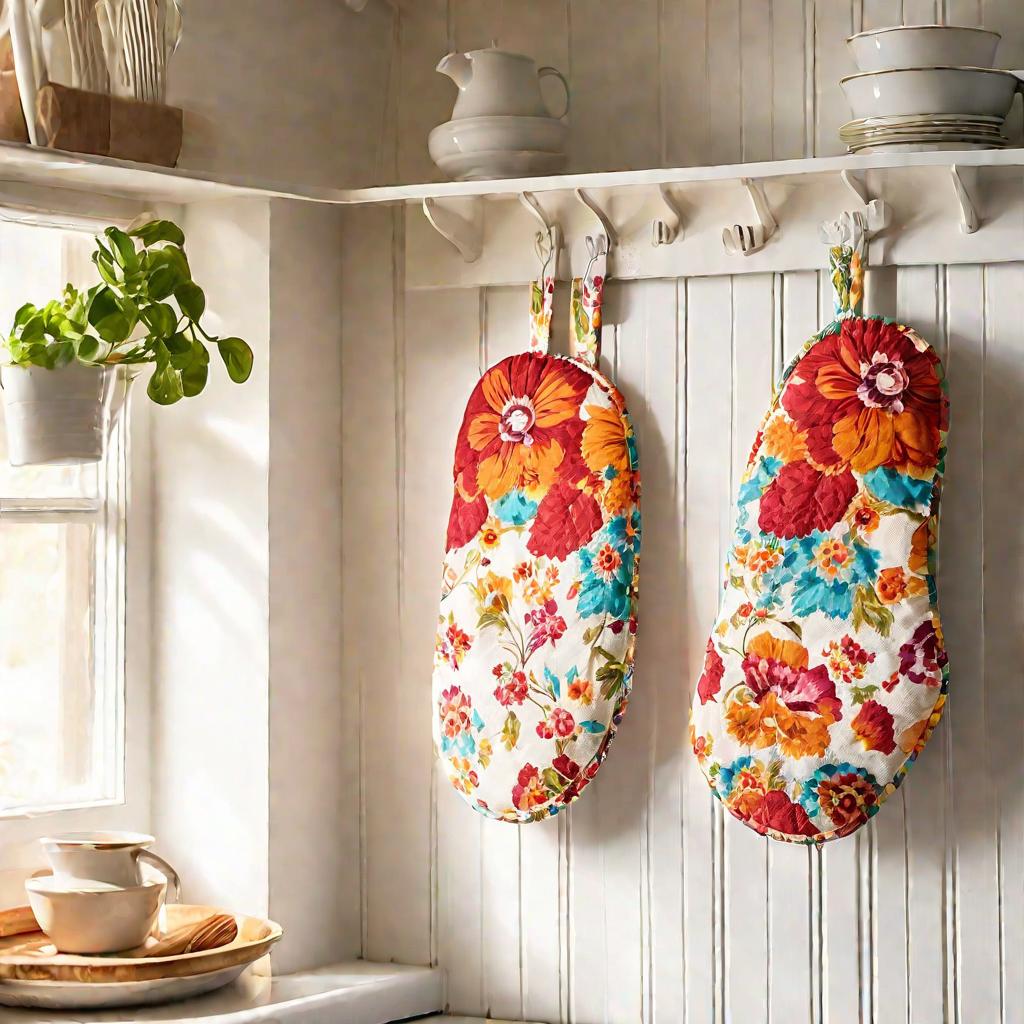 Две цветочные хлопковые прихватки висят на крючках на кухонной стене в теплых лучах послеполуденного солнца.