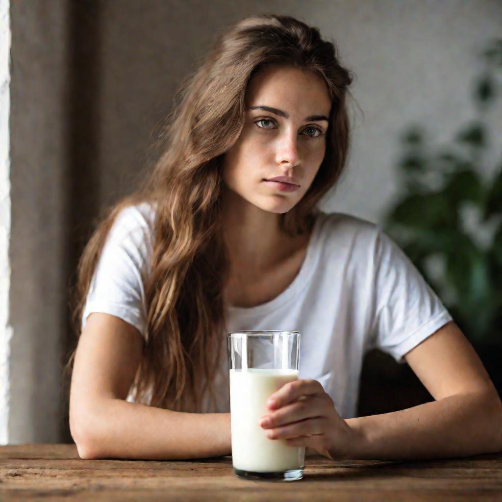 Девушка смотрит вдаль, стакан молока