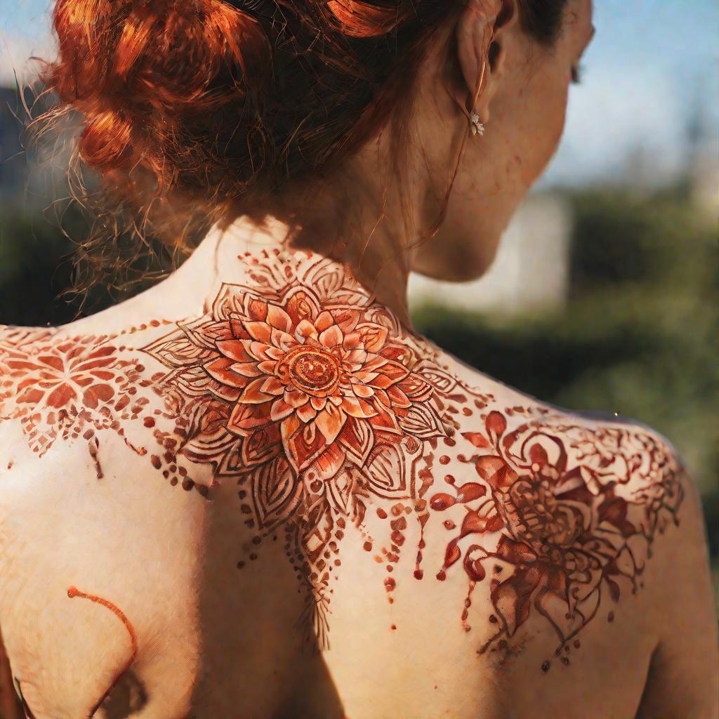 Детальная крупным планом татуировка из хны на спине девушки, сложный цветочный узор из красных и оранжевых линий на фоне кожи. Татуировка на солнце.