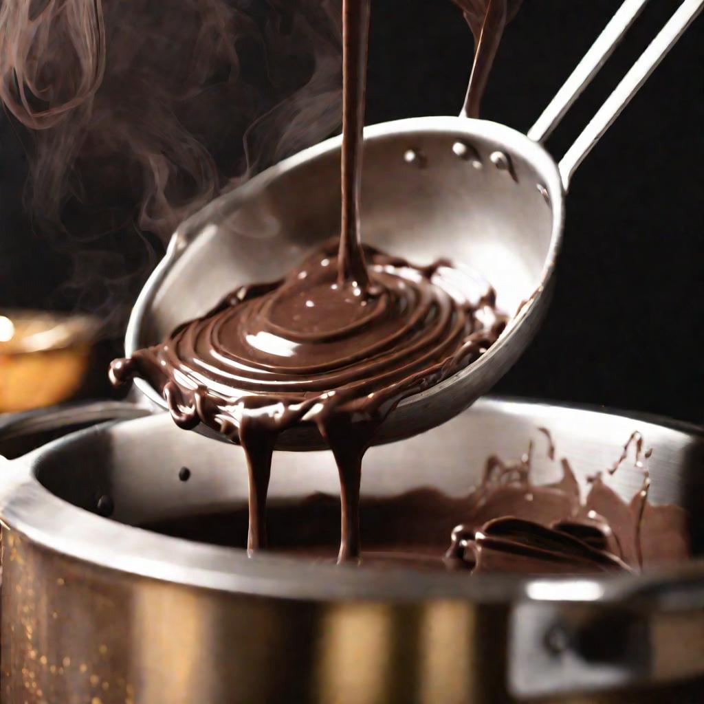 Крупный план кастрюли с медленно перемешиваемым расплавленным темным шоколадом в теплых тонах