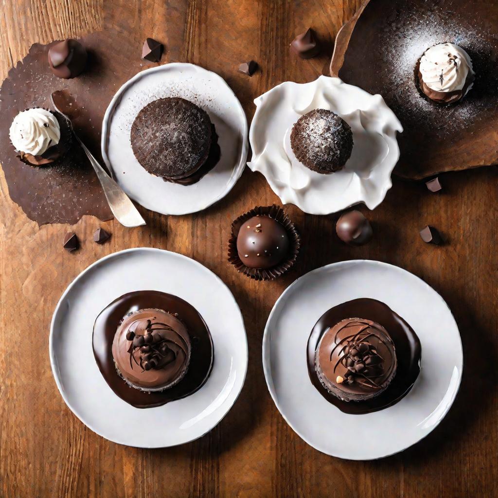 Три шоколадных десерта - торт, трюфеля и мусс красиво разложены на белой тарелке на деревянном столе