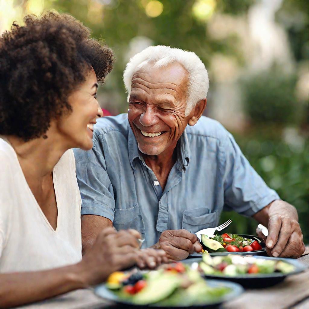 Пожилая пара обедает за столом на свежем воздухе
