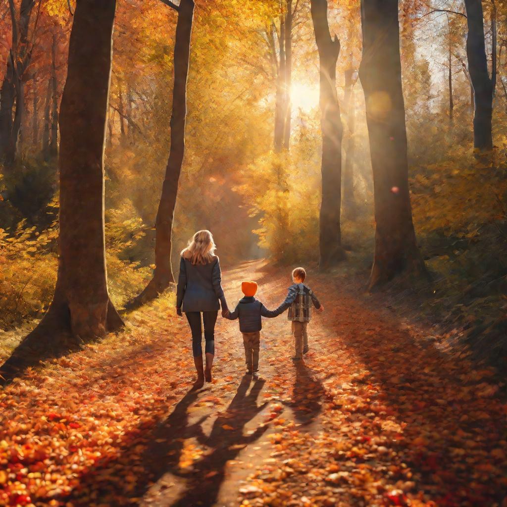 Мама с сыном гуляют по осеннему лесу
