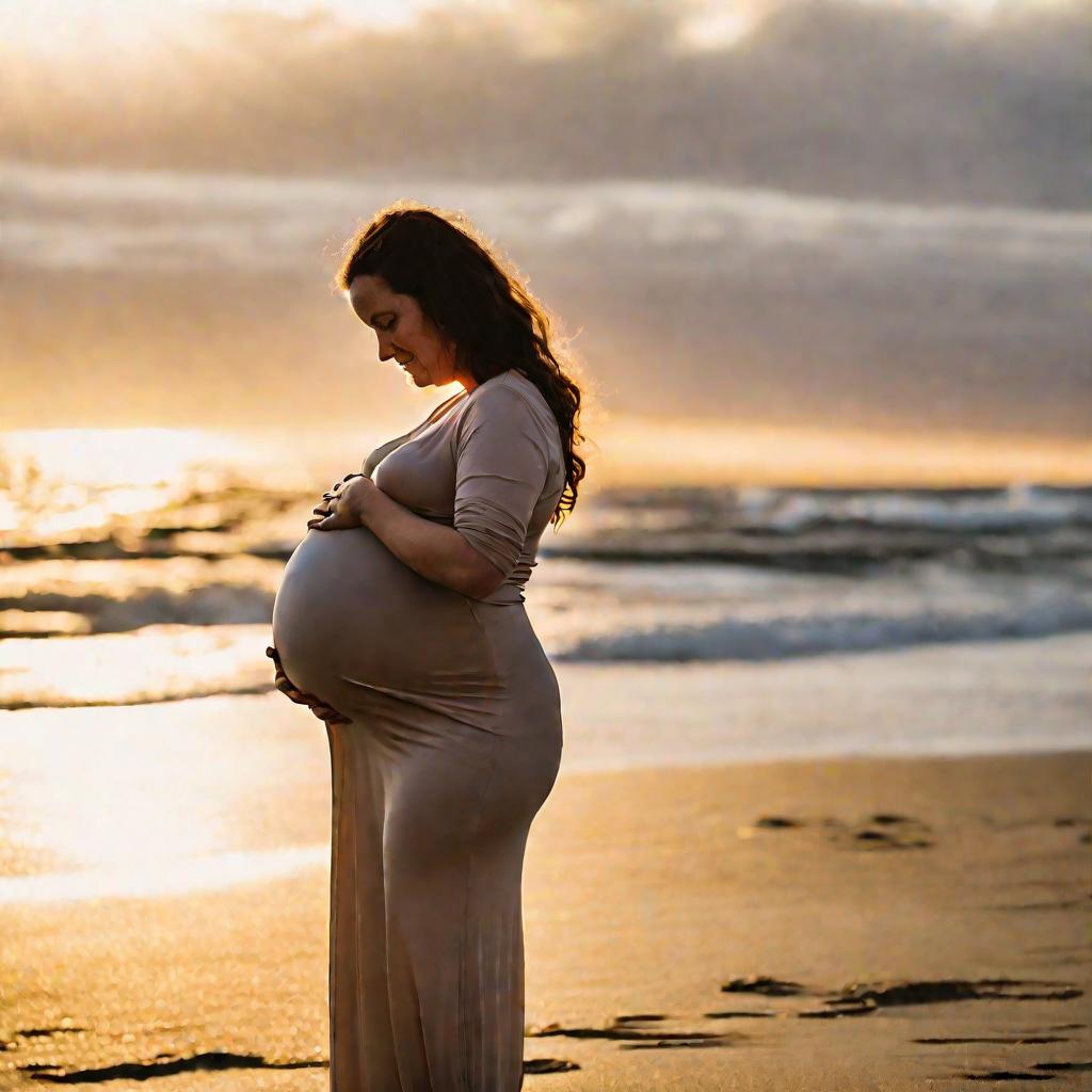 Беременная женщина нежно обнимает округлый живот на пляже во время заката.