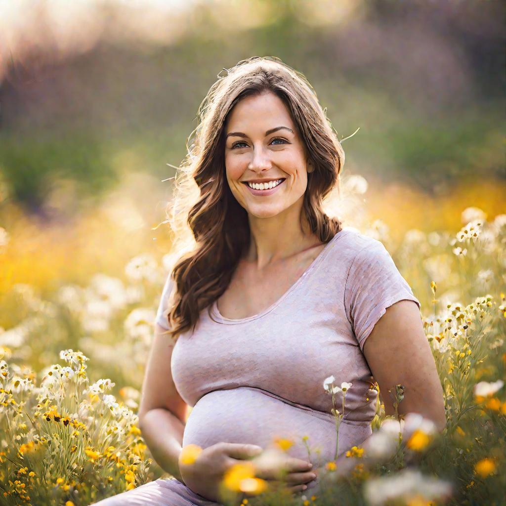 Портрет улыбающейся беременной женщины, нежно обнимающей живот.