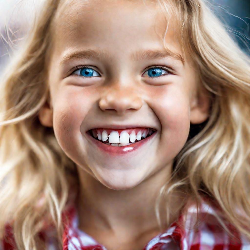Портрет улыбающейся девочки с белыми зубами.