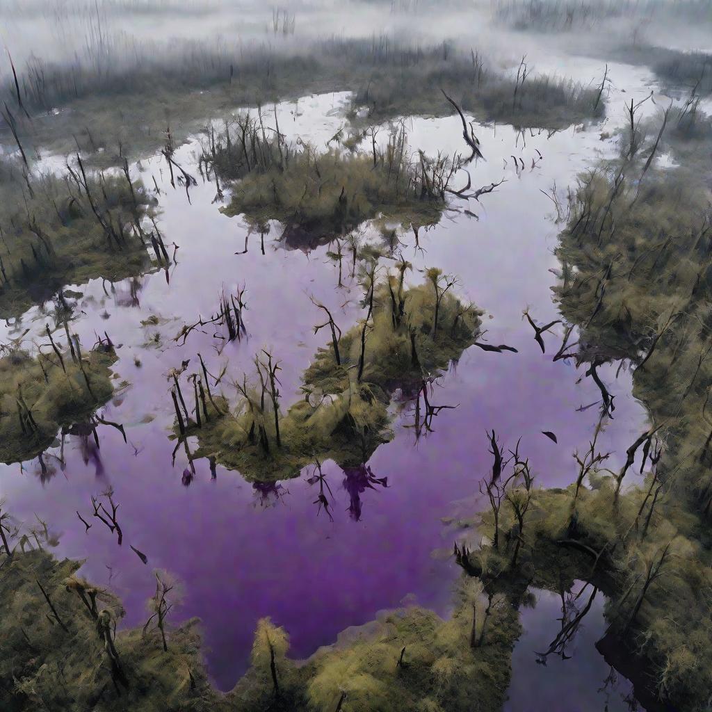 Загадочный туманный болотный пейзаж с водорослями.