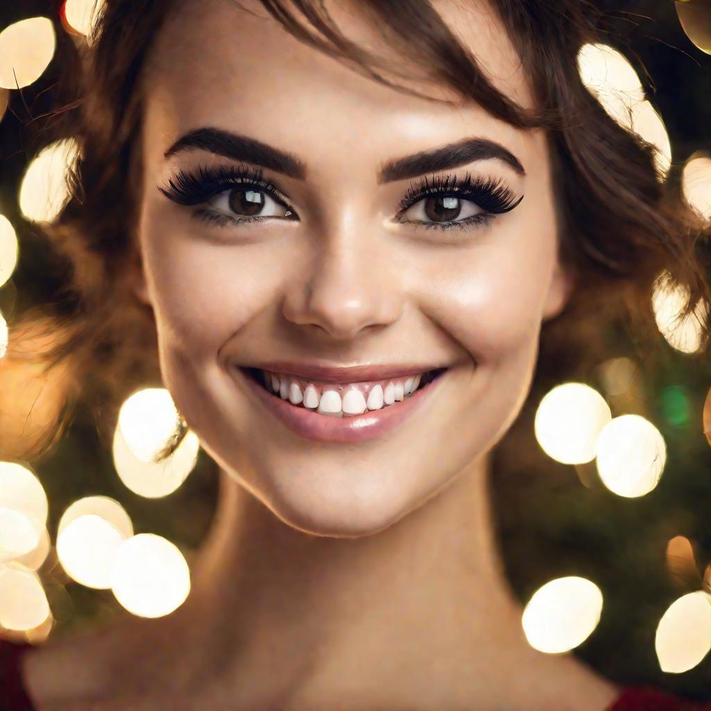 Глаза девушки с идеальными черными стрелками и пушистыми ресницами на размытом новогоднем фоне