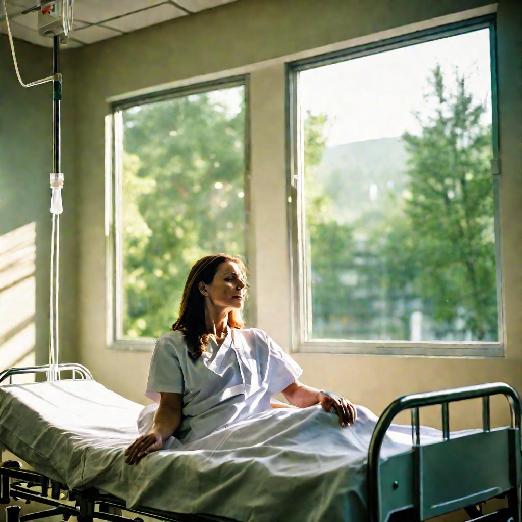 Женщина лежит в больничной палате, смотрит в окно. Кадр широкий, настроение оптимистичное.