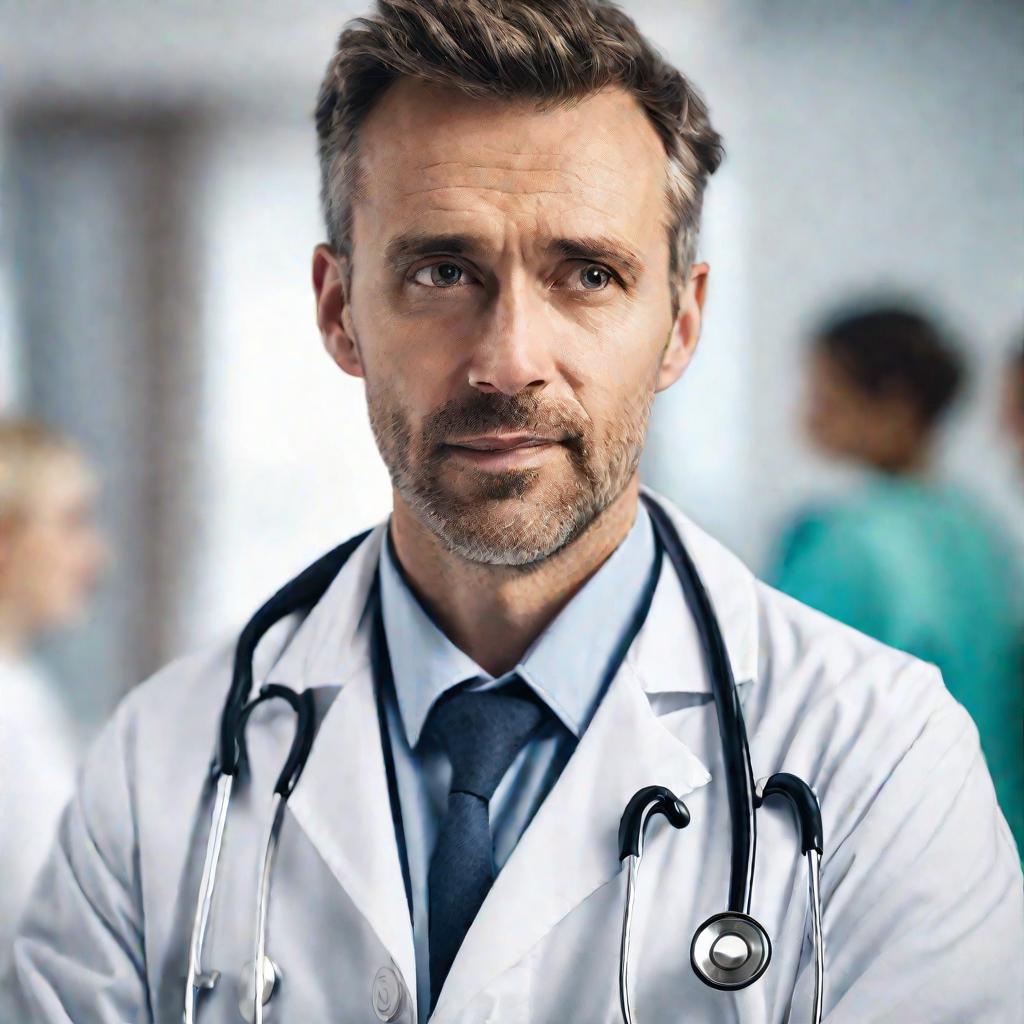Портрет врача в белом халате, смотрит серьезно и доброжелательно прямо в камеру. Кадр крупным планом.
