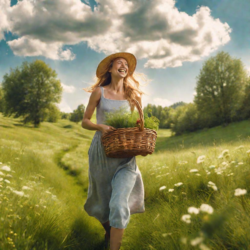 Женщина собирает травы на лугу