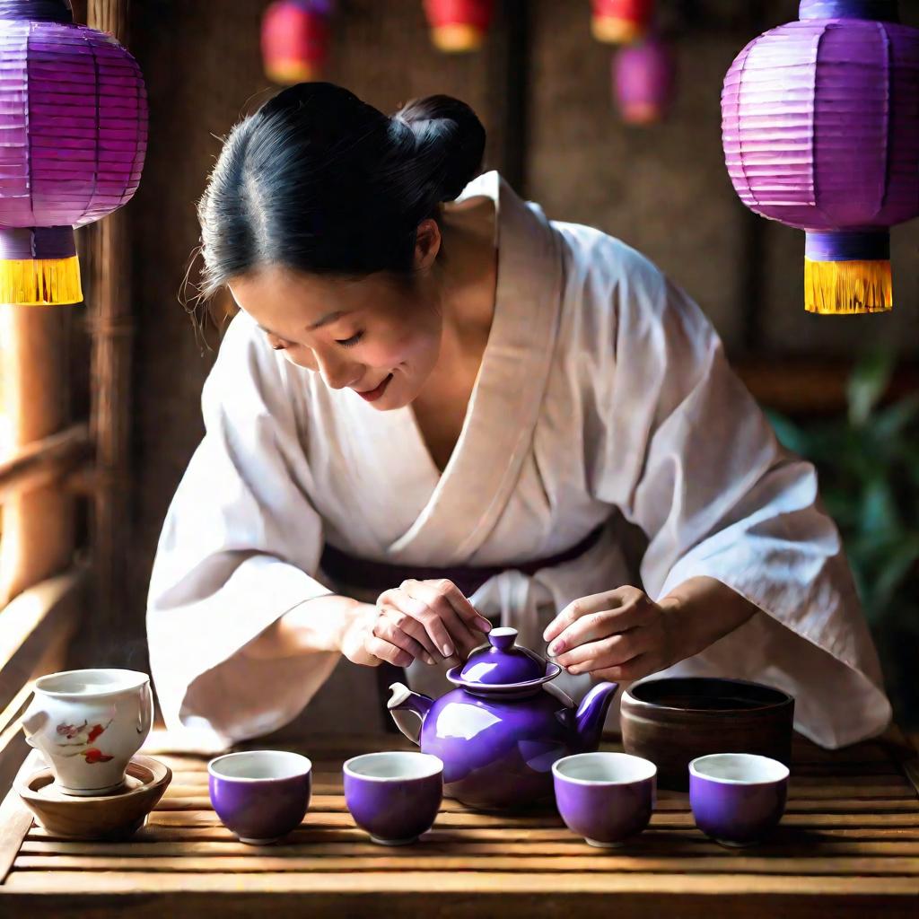 Женщина наливает чай пуэр.
