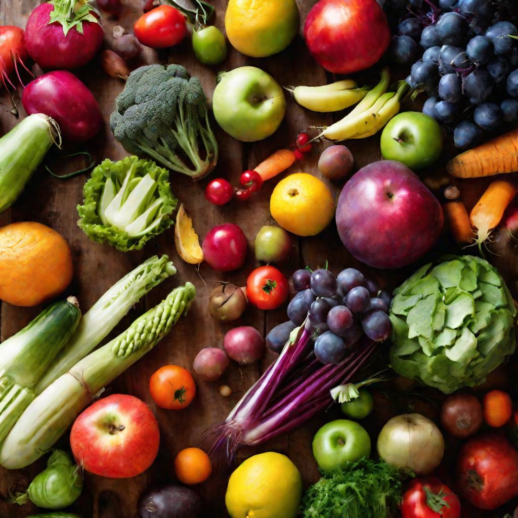 Яркие свежие фрукты и овощи на столе