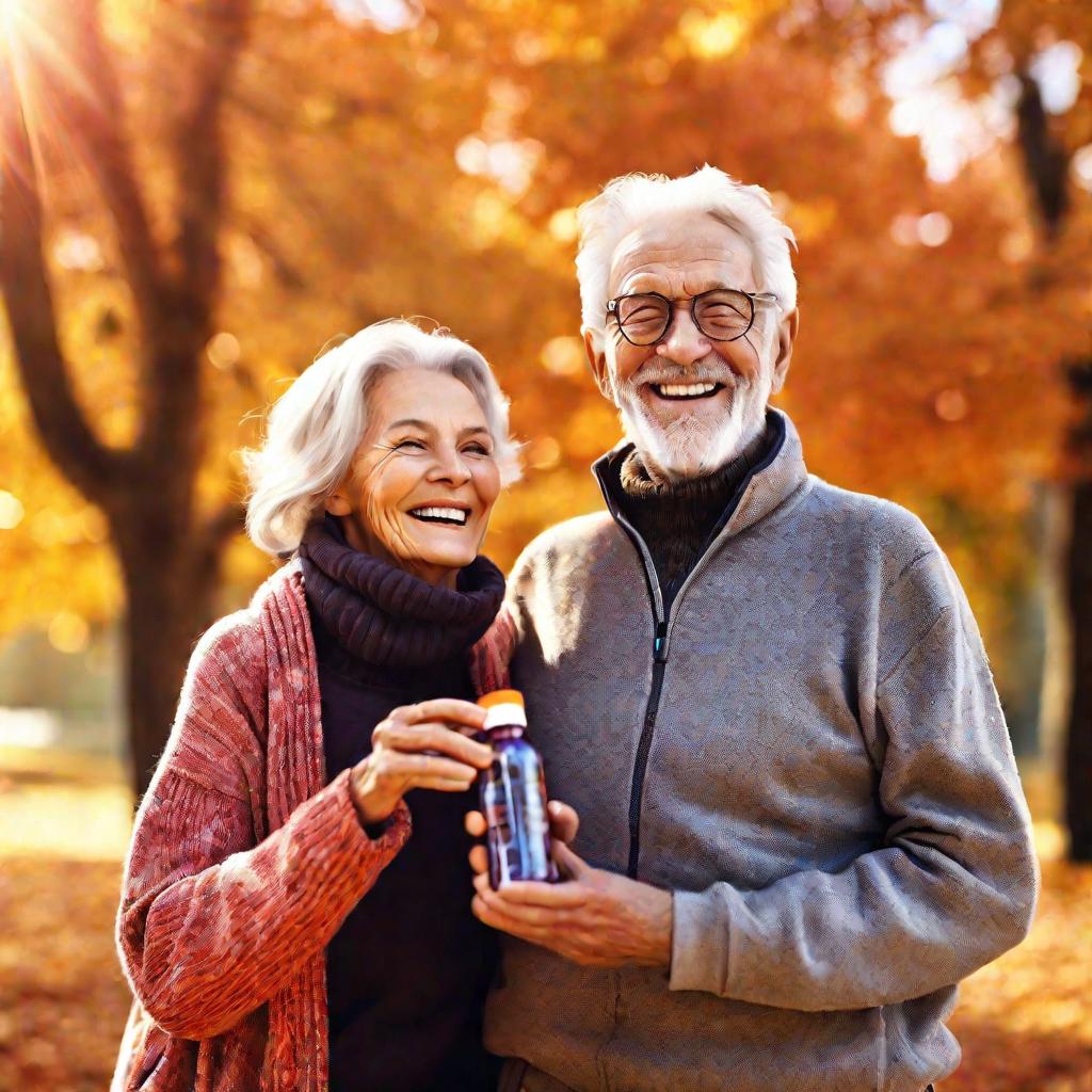 Пожилые супруги принимают витамины на свежем воздухе осенью