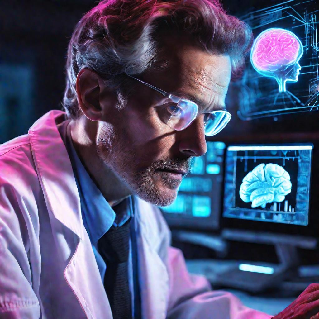 Портрет ученого, изучающего голограмму мозга в темноте