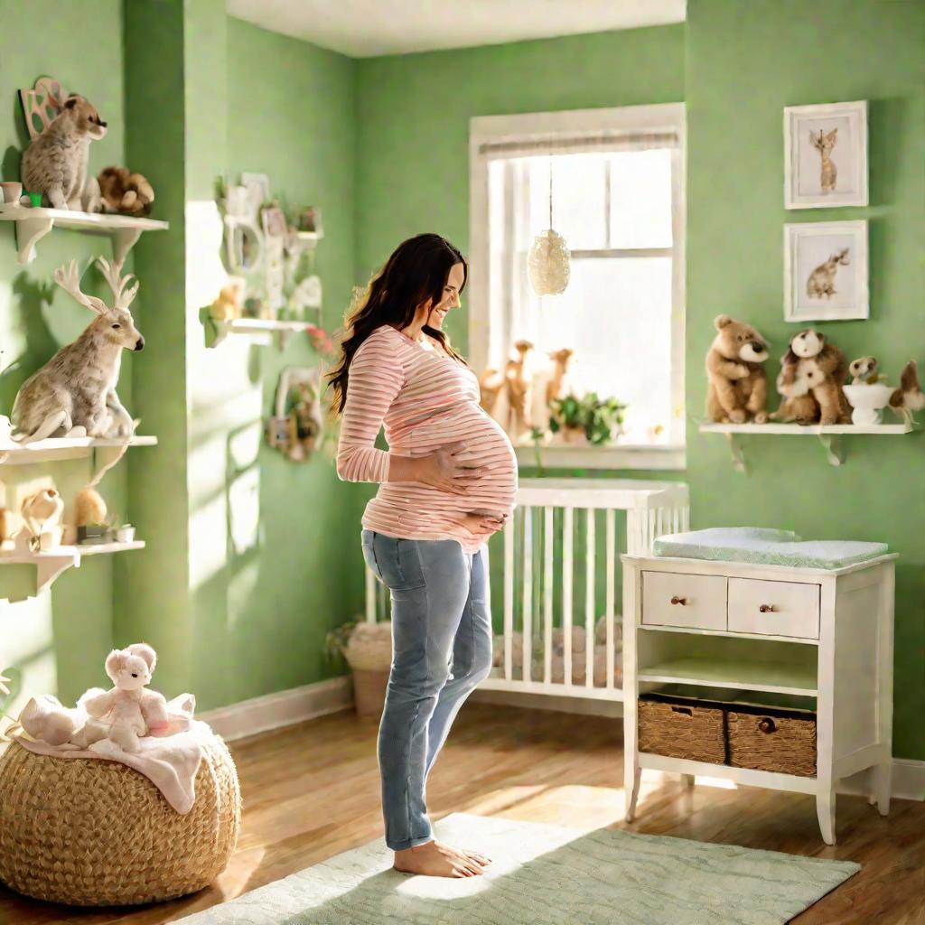 Беременная женщина радостно оформляет детскую комнату