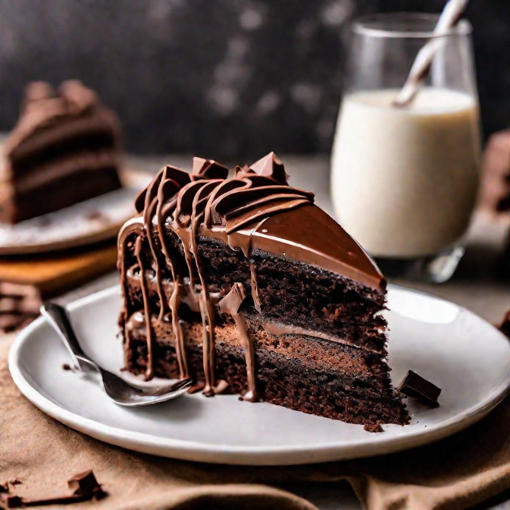 Кусок шоколадного торта с молоком