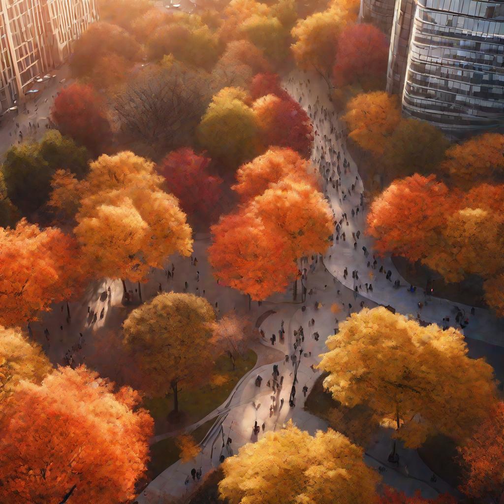 Осенний парк с красивой листвой и людьми, гуляющими по аллеям