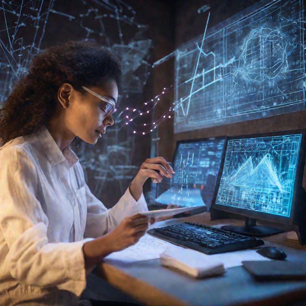 Женщина делает вычисления на футуристическом голографическом интерфейсе