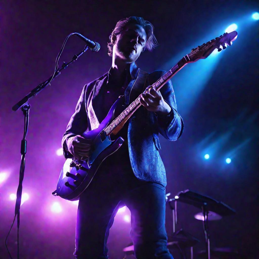 Портрет гитариста, играющего на сцене на фоне синего и фиолетового свечения от гитары и микрофона.
