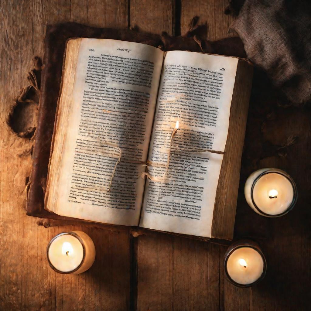 Открытая Библия на деревянном столе рядом с горящей свечой в мягком солнечном свете из окна