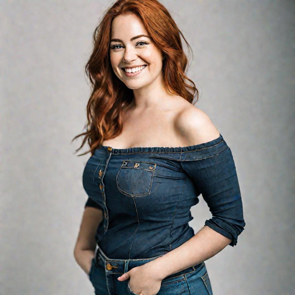 Портрет улыбающейся женщины в черной блузке без плеч и джинсах