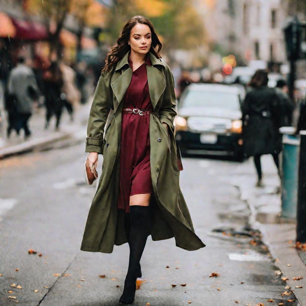 Женщина в бордовом платье и оливковом тренче идет по улице осенью