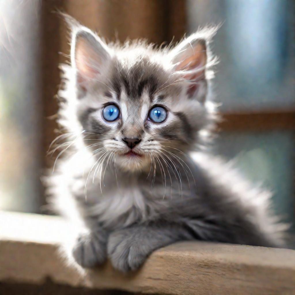 Пушистый серый котенок смотрит любопытно