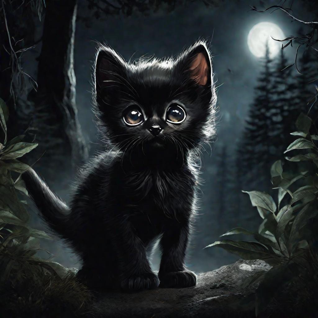 Черный котенок испуганно стоит ночью в лесу