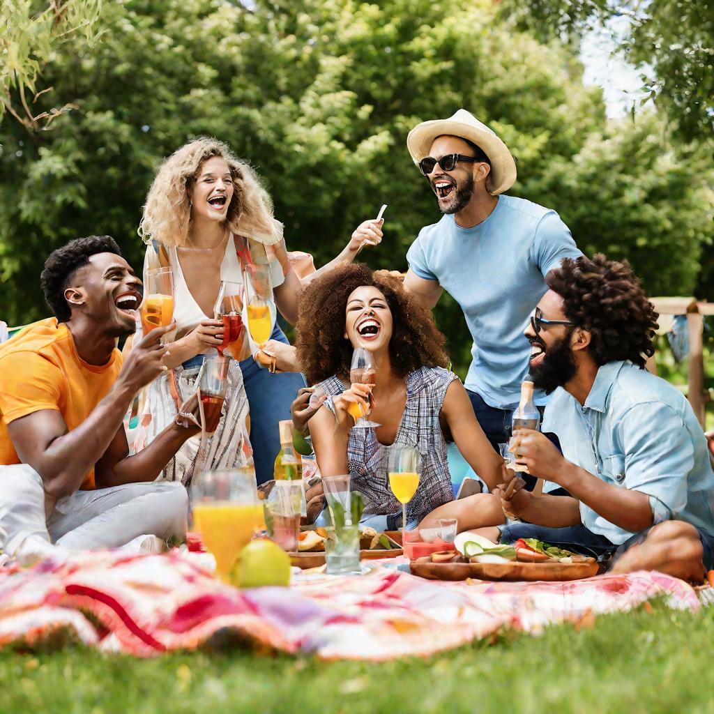 Веселая компания друзей на пикнике в саду в солнечный летний день