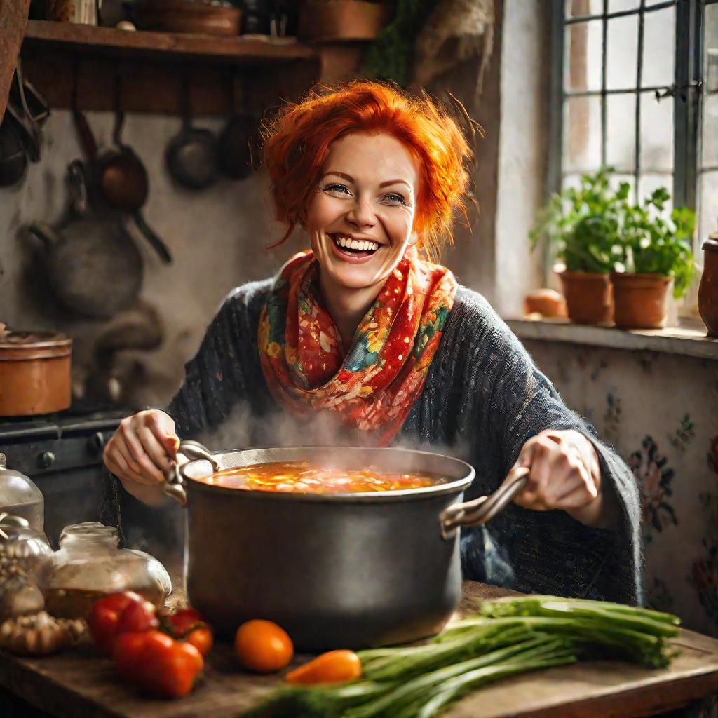 Портрет русской женщины, помешивающей горячий куриный суп