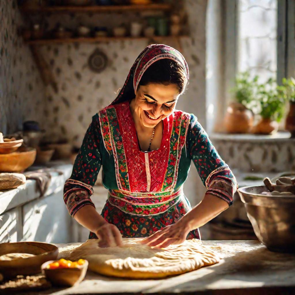 Женщина раскатывает тесто для пахлавы