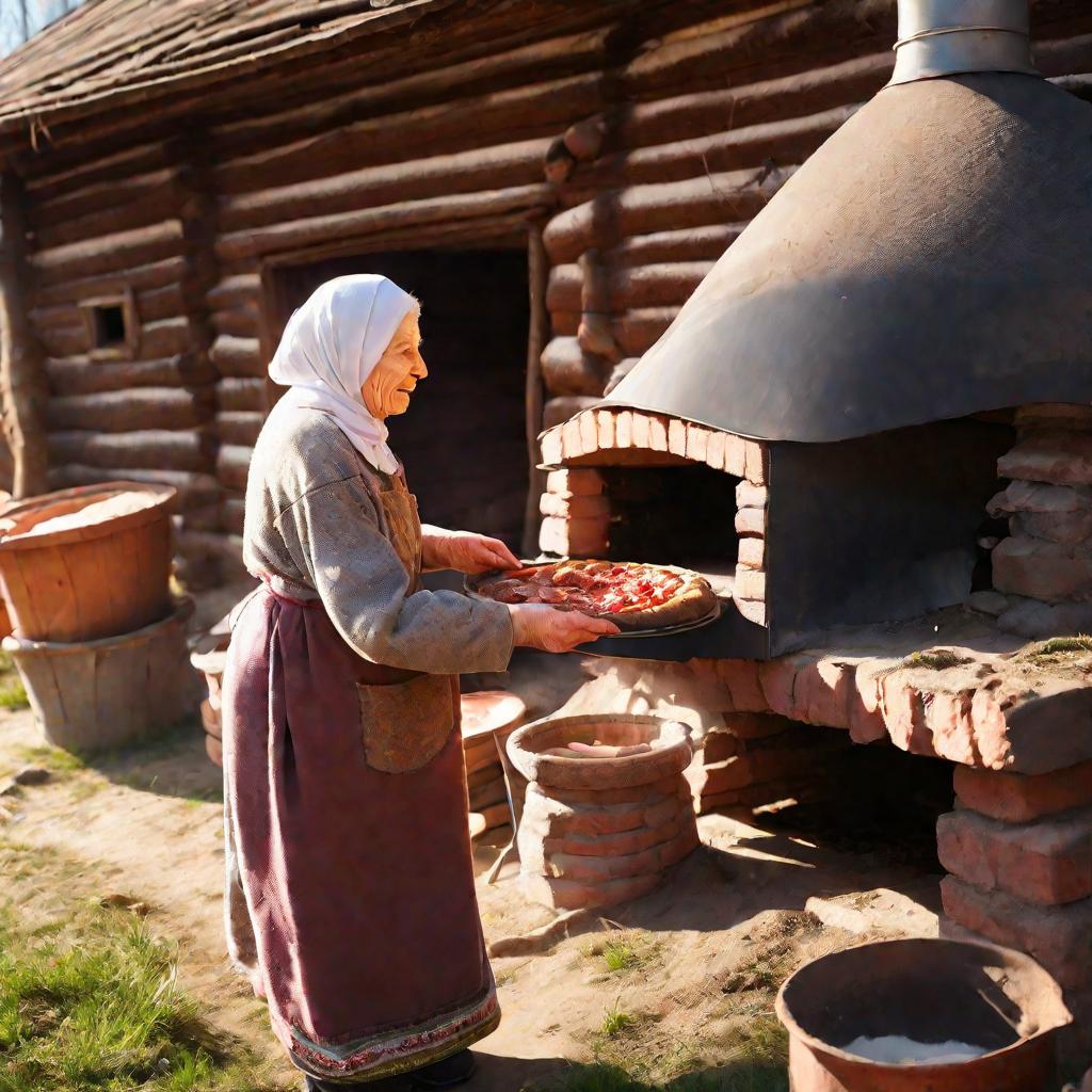 Бабушка достает курник из печи