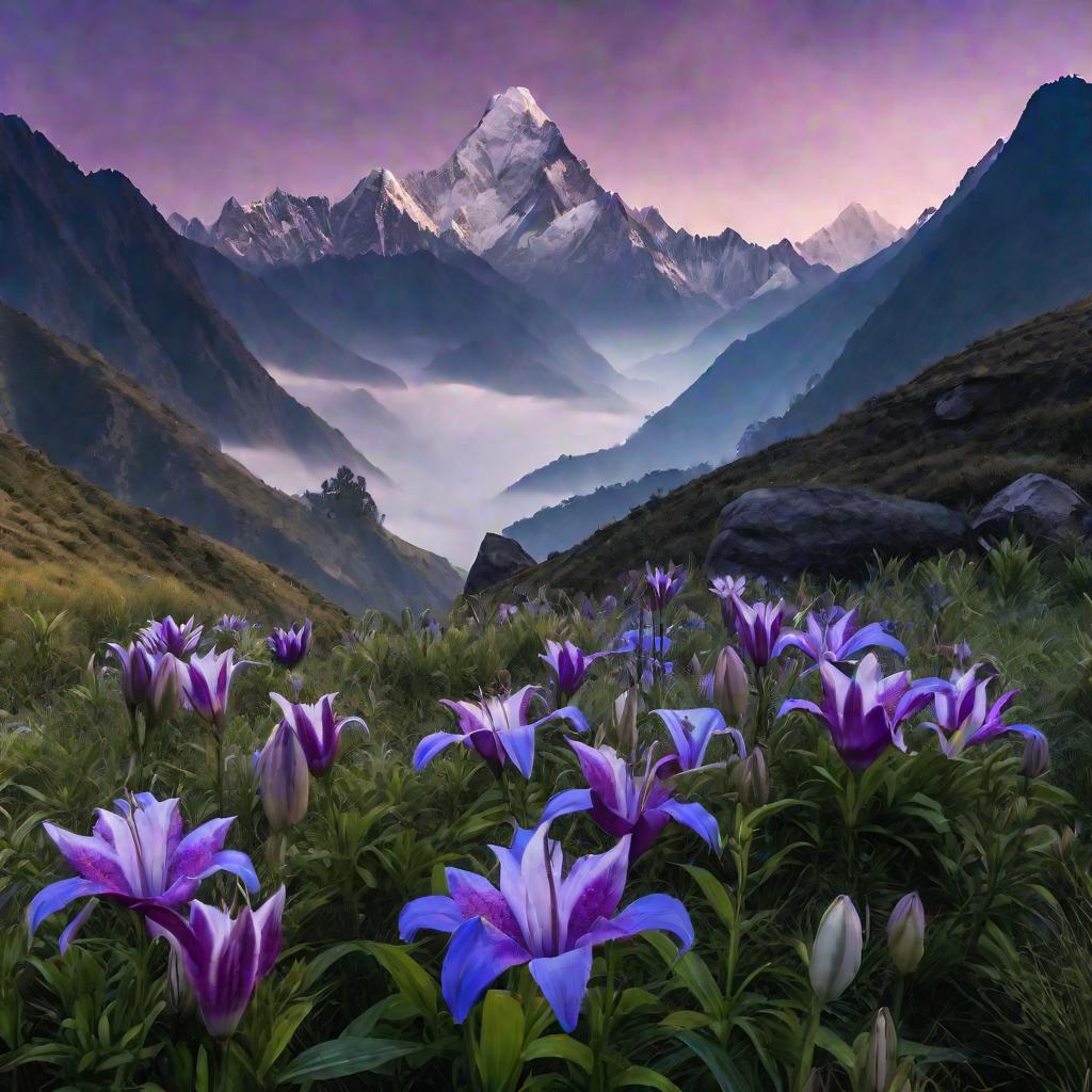 Голубые цветы лилии на скале у подножия гор, окутанных утренним туманом.
