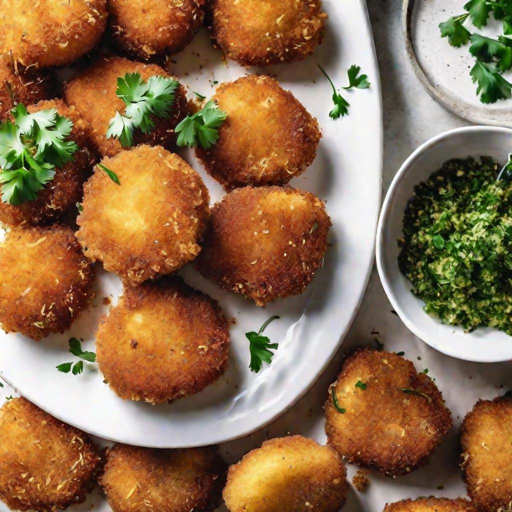 Хрустящие золотистые картофельные шарики на белой тарелке с зеленью