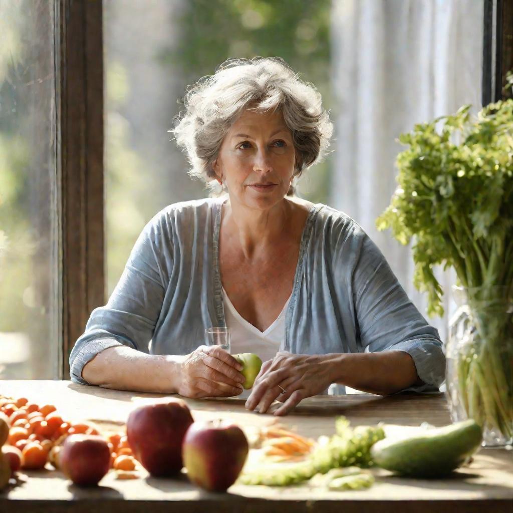 Женщина средних лет сидит за столом с овощами, фруктами, кашами и стаканом минеральной воды, задумчиво рассматривая яблоко. Ярко освещенная естественным светом сцена летнего солнечного дня.