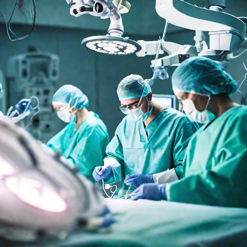 Вид снизу на хирурга, выполняющего лапароскопическую холецистэктомию в высокотехнологичной операционной, с командой ассистентов. Резкая фокусировка на основных объектах, размытое современное медицинское оборудование на заднем плане. Холодное, интенсивное 