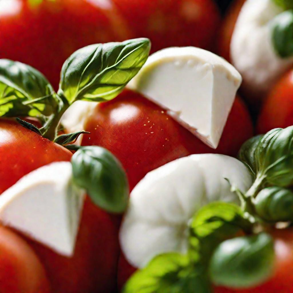 Крупные планы ингредиентов для салата Капрезе - помидоров, моцареллы и базилика