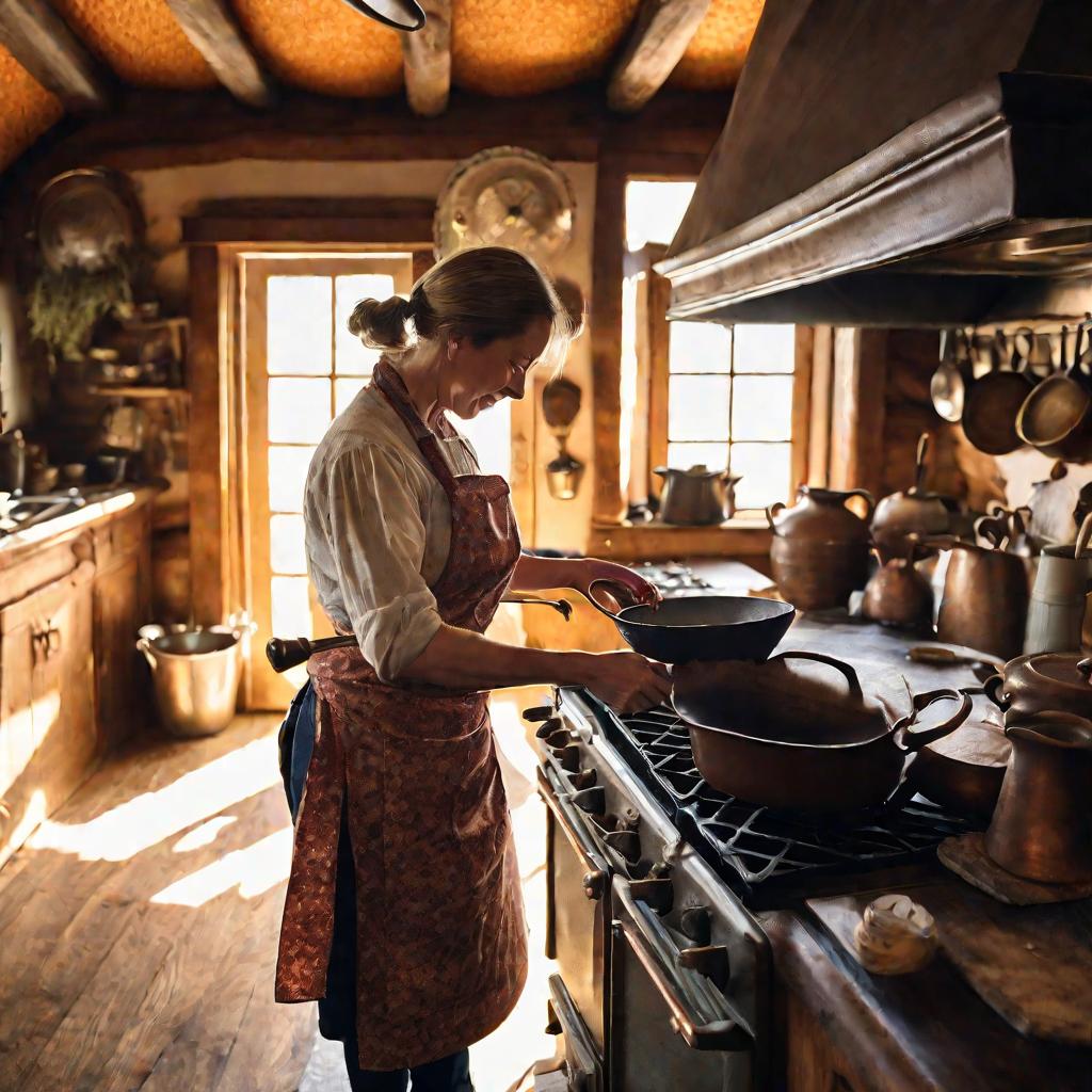 Женщина готовит говяжью печень на кухне утром