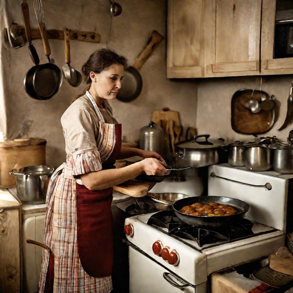 Женщина жарит биточки на сковороде