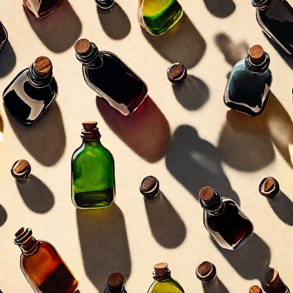 Бутылки бальзамического уксуса разного цвета на деревянной поверхности при утреннем солнечном свете.