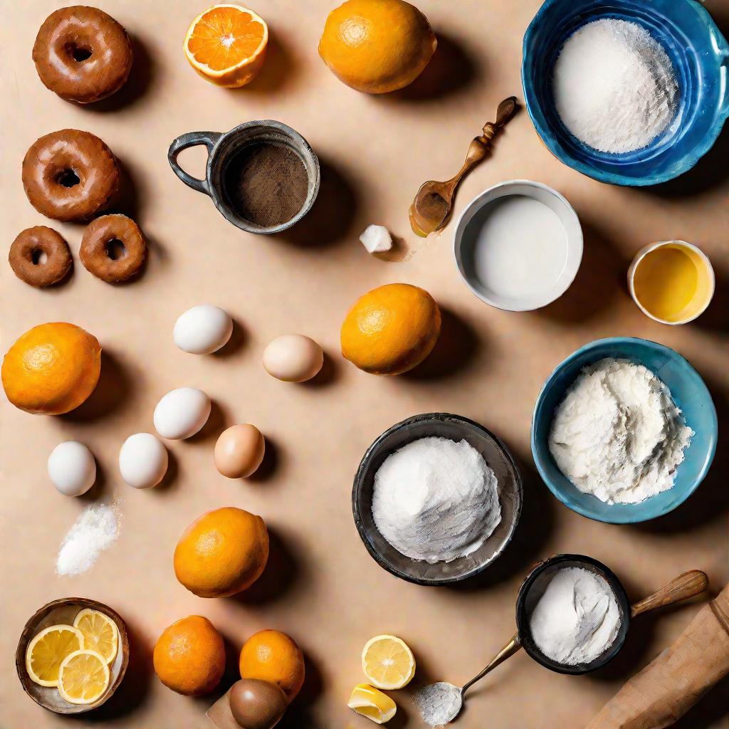 Вид сверху на стол с ингредиентами для пончиков - миска с взбитыми яйцами, кефир, масло, сахар, мука, разрыхлитель, ванилин и ваза с лимонами и апельсинами на ярком студийном фоне