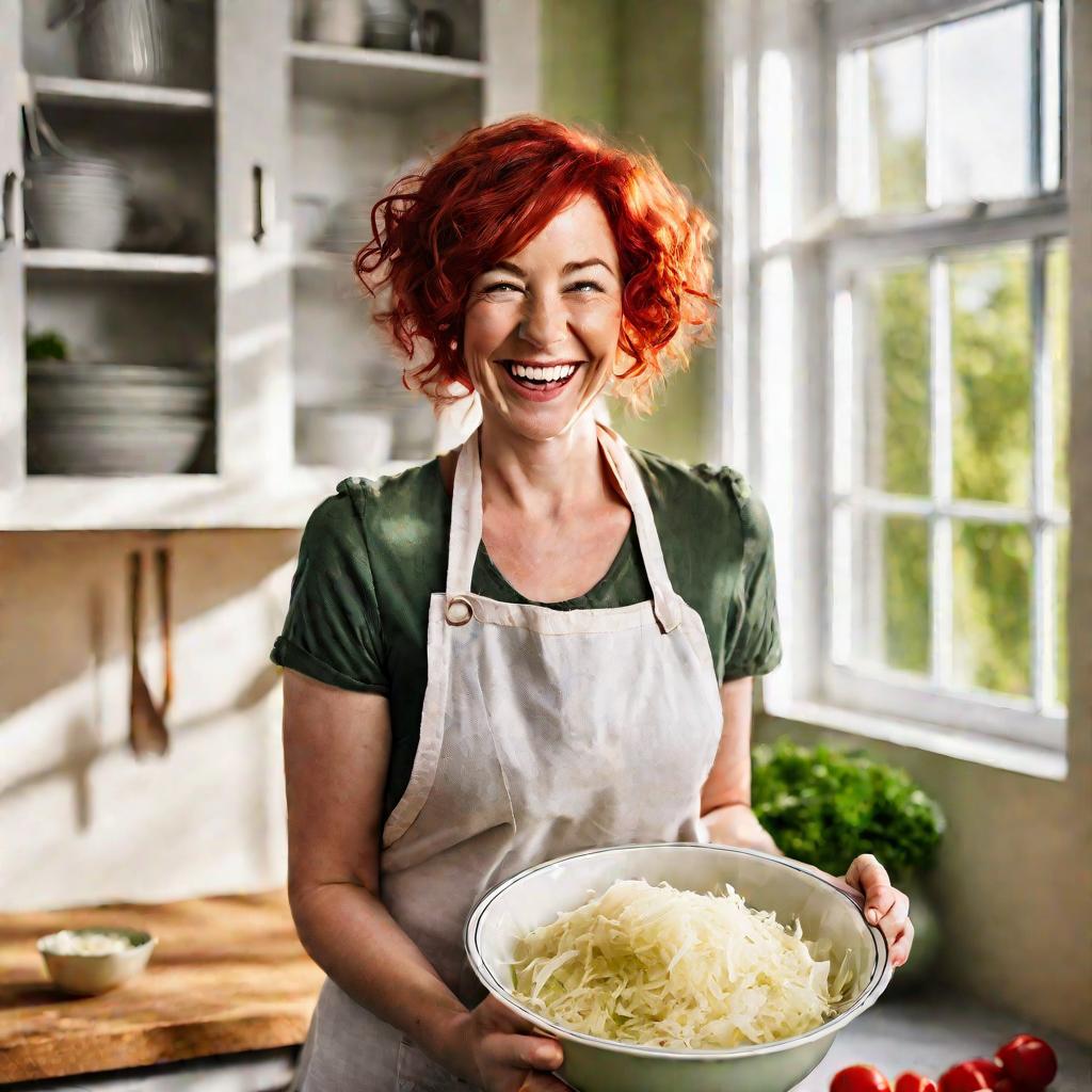 Женщина держит миску с квашеной капустой на кухне, улыбается
