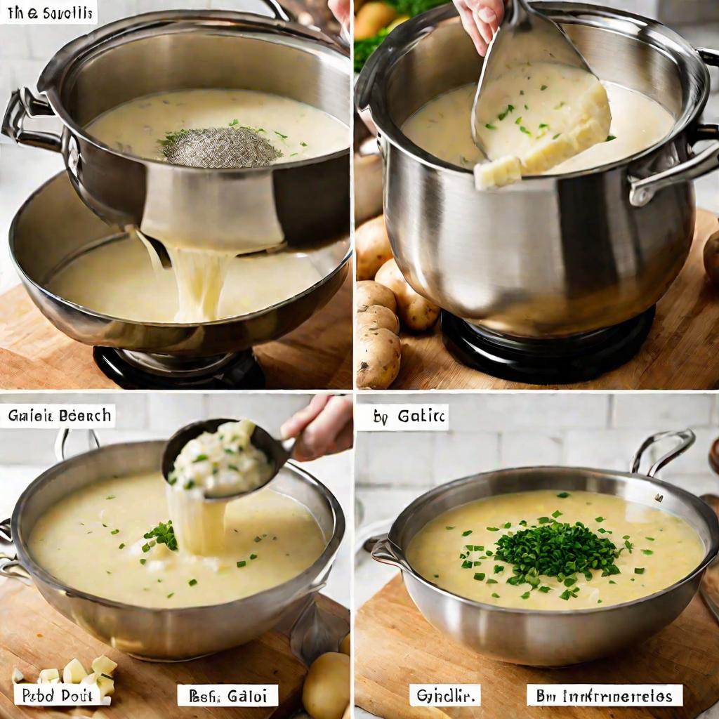 На первом широкоугольном снимке нержавеющая кастрюля с густым картофельным супом на кухонной стойке рядом с аккуратно разложенными мисками с ингредиентами: нарезанный картофель, лук, чеснок, сливочное масло, сливки. На втором крупным планом суп смешиваетс