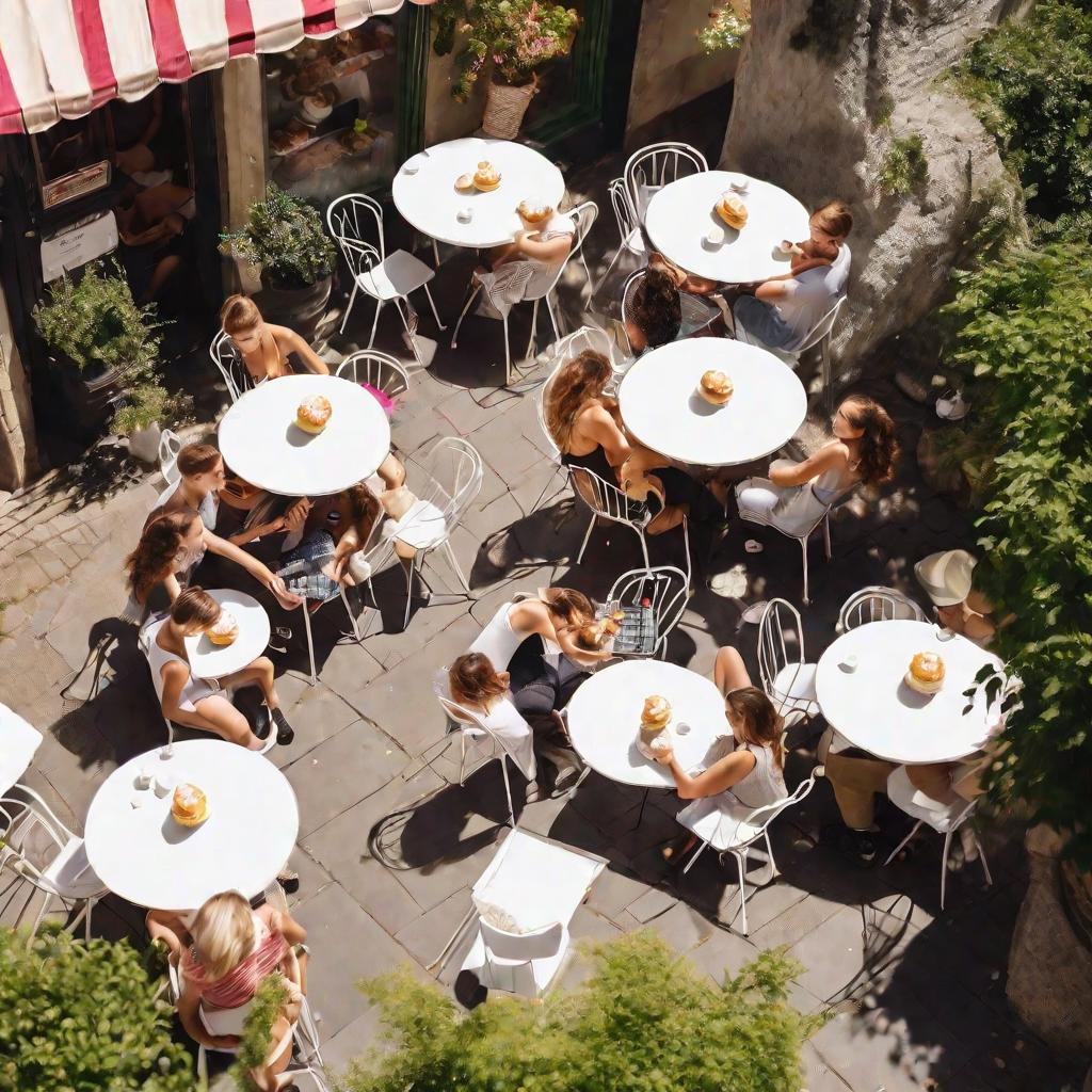 Люди едят профитроли и эклеры в кафе на улице