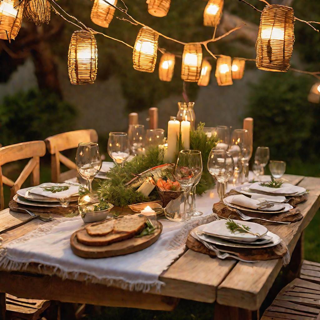 Деревянный стол в деревенском стиле накрыт для ужина на открытом воздухе в золотой час перед закатом. Пустые белые тарелки и столовые приборы сверкают в теплом свете. Блюдо с маринованной рыбой, гарнированной травами, является центральным, вокруг него хле